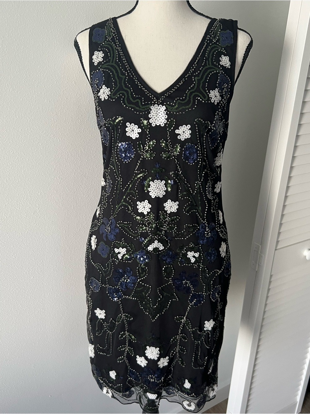 Vintage Spense Black Sequin Beaded Floral Cocktail Dress Size M 6 NWT Prom